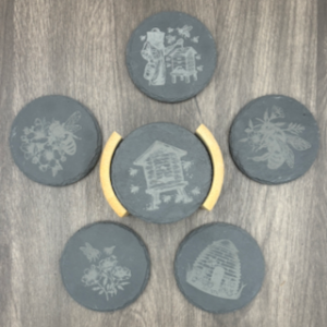 Set de 6 Sous-Verres en Ardoise avec Support en Bambou – Thème Apiculture