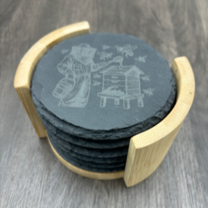 Set de 6 Sous-Verres en Ardoise avec Support en Bambou – Thème Apiculture